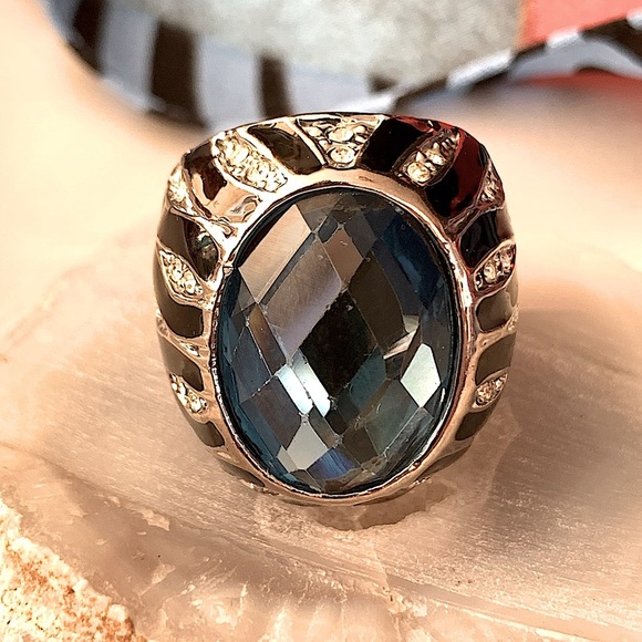 Blue Crystal Black Enamel Zebra stripe CZ Cocktail Dome Ring Size 6 - Picture 5 of 9